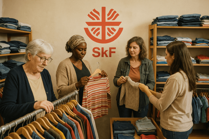 Vier Frauen unterschiedlichen Alters und unterschiedlicher Herkunft, alle in Freizeitkleidung, stöbern in einem Bekleidungsgeschäft mit einem roten "SkF"-Logo an der Wand und einem Regal mit gefalteter Kleidung im Hintergrund.