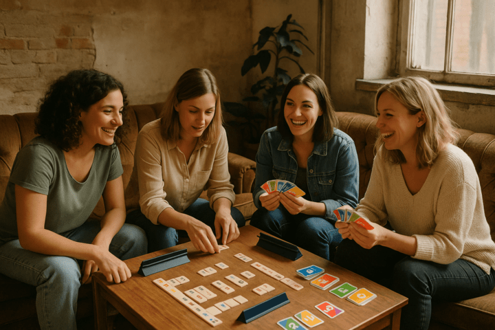 Vier Frauen unterschiedlicher Herkunft sitzen gemütlich auf Sofas um einen Couchtisch und spielen ein Gesellschaftsspiel.