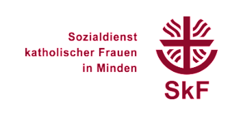Das Logo des "Sozialdienstes katholischer Frauen in Minden" zeigt ein rotes Ankerkreuz mit wellenförmigen Linien um das Kreuz, begleitet von dem Text "Sozialdienst katholischer Frauen in Minden" und "SkF" in fetter Schrift.