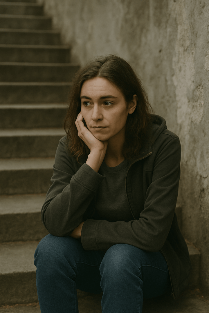 Eine junge Frau in einem grauen Kapuzenpulli und blauen Jeans sitzt auf einer Steintreppe, die Hand nachdenklich auf das Kinn gestützt, im Hintergrund eine Steinmauer.