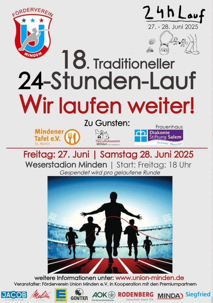 Ein rot-weiss gestaltetes Plakat für den 18. Traditionellen 24-Stunden-Lauf lädt zur Teilnahme am Marathon am 27. Juni im Frauenhaus Dikoniell Salom ein.