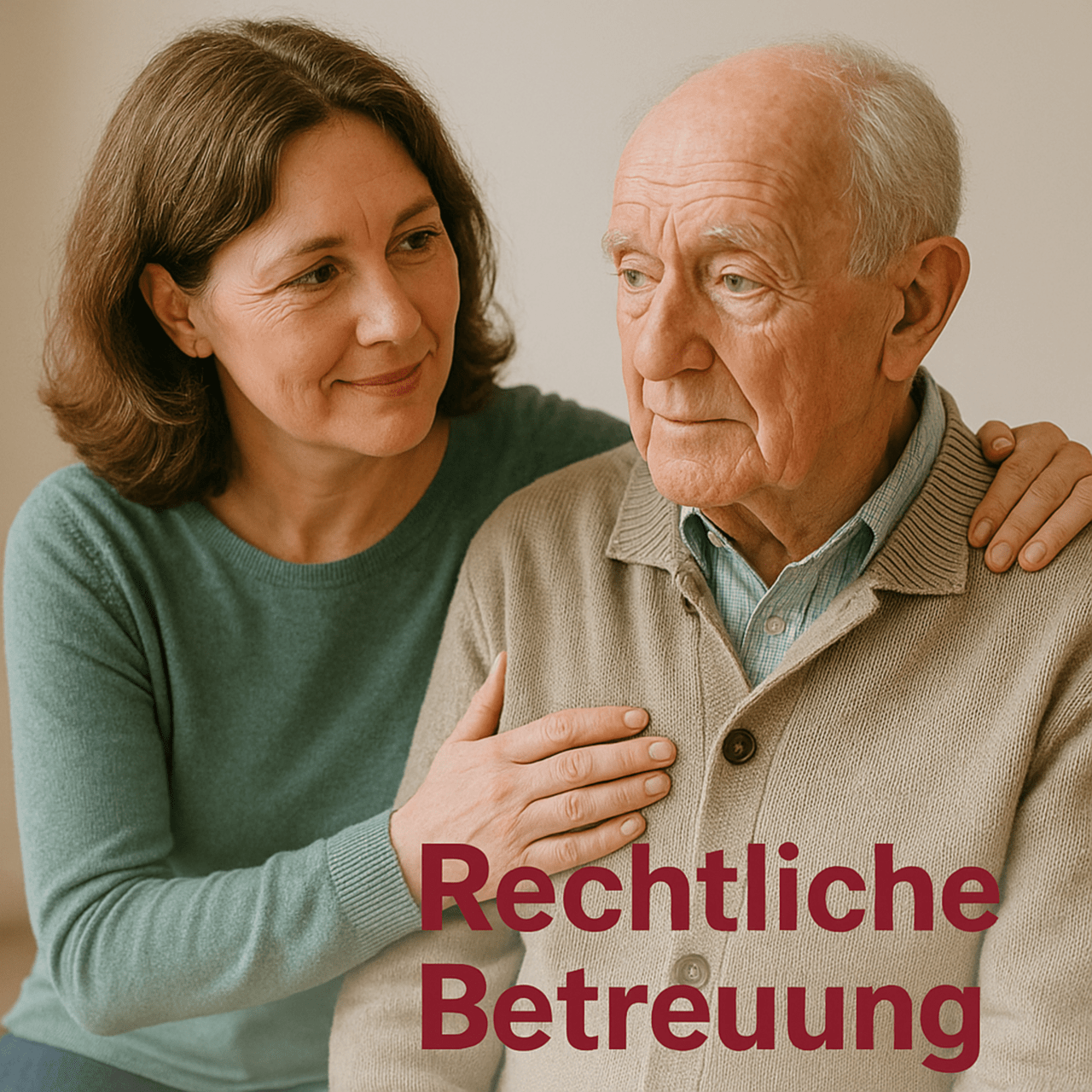 Eine Frau in einem grünen Pullover umarmt einen älteren Mann in einem beigen Pullover und vermittelt so ein Gefühl von Komfort und Fürsorge.