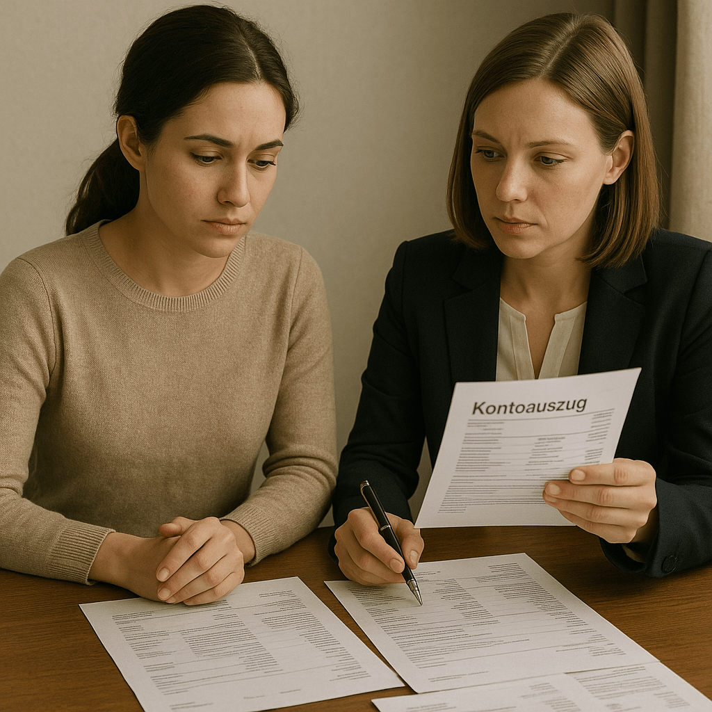 Zwei Frauen in Geschäftskleidung sitzen an einem Holztisch, die eine liest ein Dokument, die andere unterschreibt es in einer professionellen Umgebung.