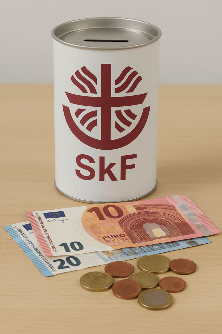 Eine weiße Spendendose mit dem Schriftzug SkF. Daneben liegen zwei 10-Euro-Scheine und einige verstreute Münzen.