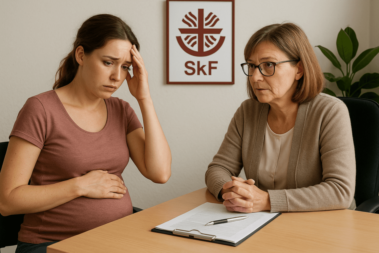 Eine schwangere Frau in einem rosa Hemd und eine Frau in einer beigen Strickjacke sitzen an einem Schreibtisch mit einem Klemmbrett und einem Stift vor einem rot-weißen "SKF"-Logo.