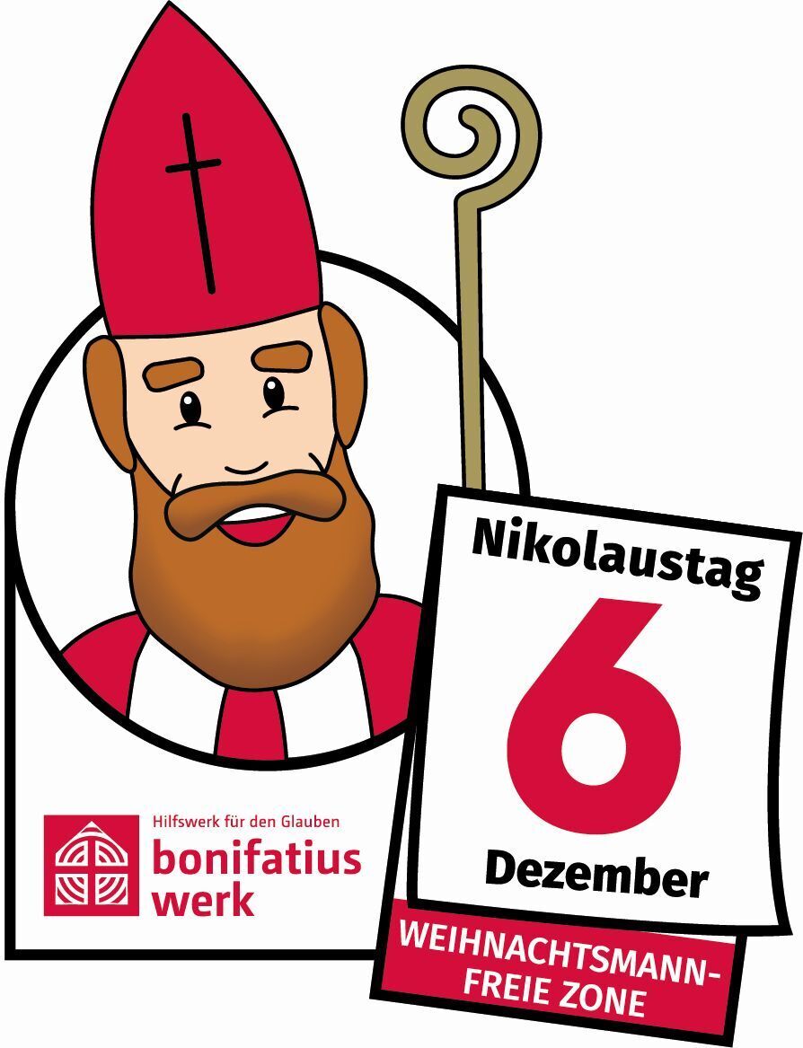Eine Karikatur eines bärtigen Mannes mit rotem Gewand und Bischofsmütze, der einen Bischofsstab und einen Kalender hält, feiert den Nikolaustag, den 6. Dezember, mit dem Text "Hilfswerk für den Glauben Bonifatius Werk" und "WEIHNACHTSMANN-FREIE ZONE"